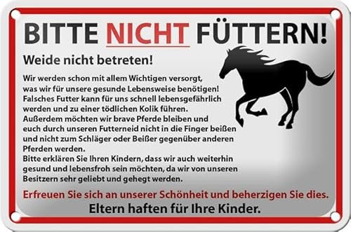 Blechschild 18 x 12 cm Warnschild: Pferde bitte nicht füttern. Eltern haften für Ihre Kinder ! - DekoNo7