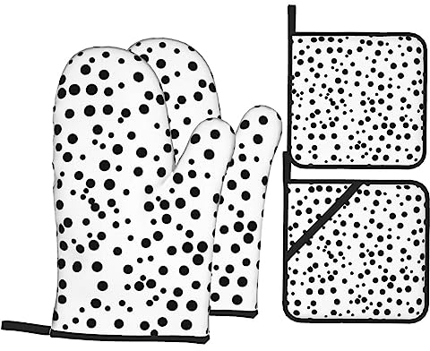 Set di 4 guanti da forno e presine a pois neri e bianchi, resistenti al calore, per cucina, cottura, grigliate, barbecue