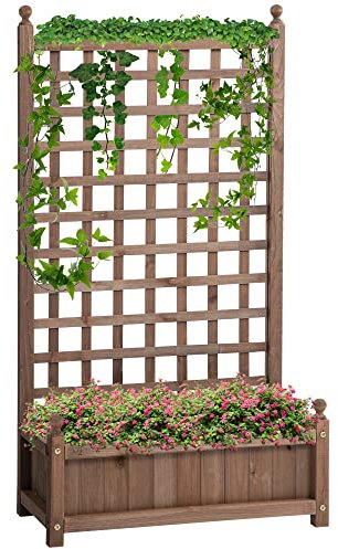 Outsunny Fioriera da Esterno in Legno, Portapiante con Grigliato per Piante Rampicanti e Aiuola Rialzata, 64x28x120cm, Marrone