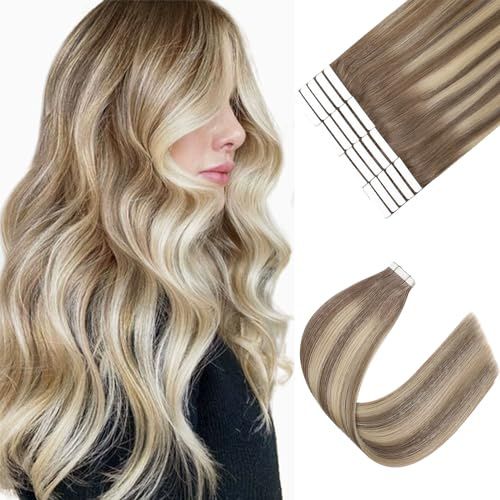 Sixstarhair Balayage Tape in Hair Extensions Human Hair Blonde Tape in Extensions Ombre Brown to Blonde Mix with Light Blonde Highlights Color Tape in Human Hair Extensions 20pcs 50g [TP8/22/8 16inch]