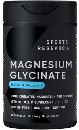 Sports Research® Magnesium Glycinate - Supports Restful Sleep & Enzymatic Processes - 160 mg Chelated Magnesium - Liquid Softgel - 60 Count