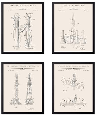 Poster Master 4-Piece Oil Rig Blueprint Poster - Gasoline Dispensing Device Patent Print - Offshore Drilling Rig Art - Oil Support System Art - Living Room or Office Decor, 16x20 Black Framed