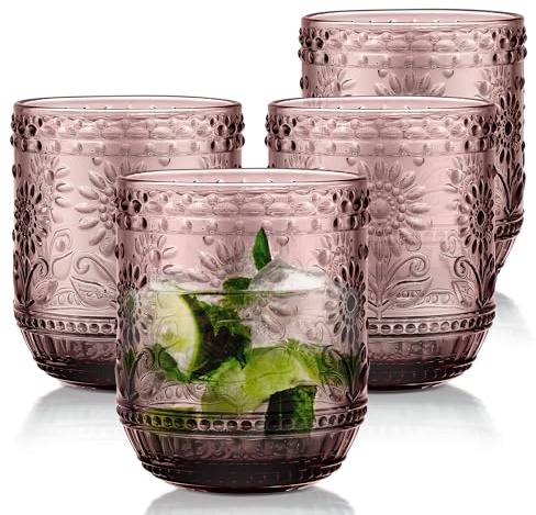 Joeyan Trinkgläser Set Bunte, 4 teiliges 360ml Hochwertige Lila Gläser Set für 4 Personen, Farbig Wassergläser Spülmaschinenfest, Modernes Blume Embossed, Saftgläser für Picknicks, Camping, Partys