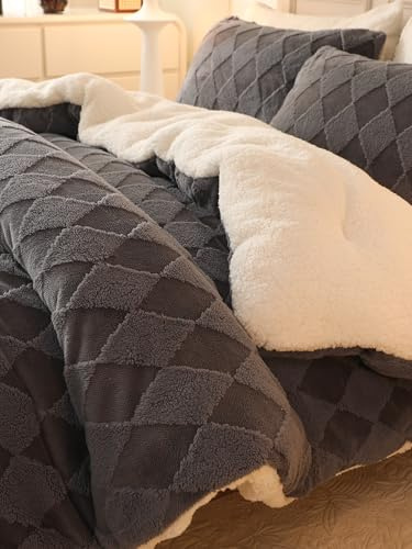 hadamick Tufted Fleece Comforter Set King - Super Soft Warm Fluffy Shaggy Bedding Sets, Diamond Plaid Jacquard Bed Set for Winter, 1 Sherpa Comforter with 2 Pillow Cases (104X90 Grey)
