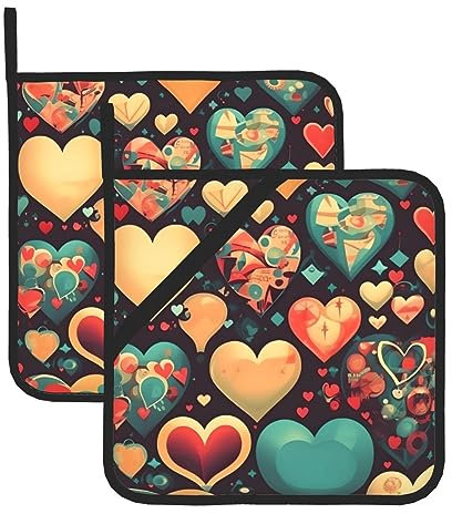 Presine quadrate resistenti al calore con stampa a cuori colorati (set da due) 20,3 x 20,3 cm, tessuti di qualità, anti-scottatura e facili da pulire