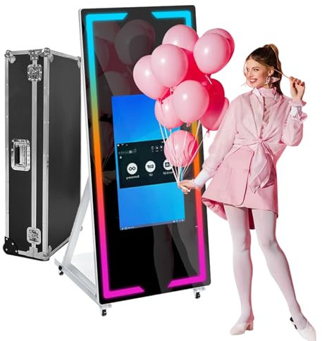 45 inch/65 inch Magic Mirror Photo Booth Machine, 22 inch/32 inch Touch Screen Camera Photobooth DSLR Photo Booth with Flight Case Packing for Weddings Parties Events with Mini pc,White-65in