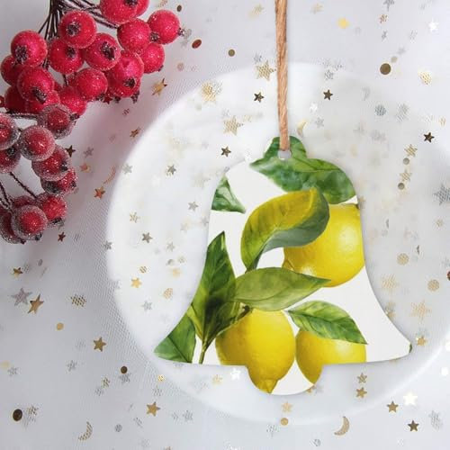 Lot de 2 décorations de Noël en forme de branche de citron, feuilles et cloches en bois à suspendre pour intérieur ou extérieur