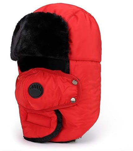 WintermüTze FüR DraußEn Winter Pelz Warme Winddicht Hut Männer Frauen Lei Feng Kappe Bomber Faux Pelz Ohr Klappe Kappe Schwarz Ski Kalt Anti-Schnee Kappe WintermüTze FellmüTze(Red)