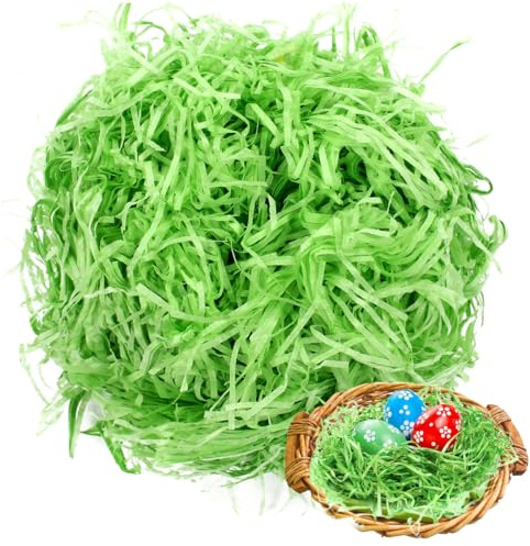 Bluelves 200g Herbe de Pâques, Papier Raphia Recyclable Déchiqueté pour Remplissage de Paniers de Pâques,Decoration Paques,Oeufs de Paques Decoration,Decoration Table Paques-Vert,200g
