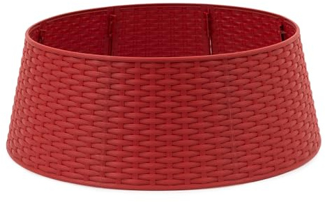 Christmas Village Faux Rattan Christmas Tree Skirt - 65cm Base Diameter, Durable Snap-Together Design, Fits Tree Stands up to 63cm - Red