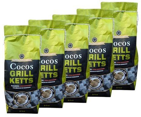 Kokosnuss Cocos Grillbriketts Premium Qualität aus Kokos-Kohle | 15kg | extra Lange Brenndauer | Made in Germany | Raucharm + GRATIS HL Kauf Block