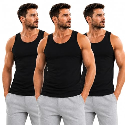 ShopMCR 3PK Men's 100% Cotton Sleeveless Vests - Casual Gym Training Tank Tops for Bodybuilding, Basic Plain Colour Summer Undershirt (3PK, L, Black)