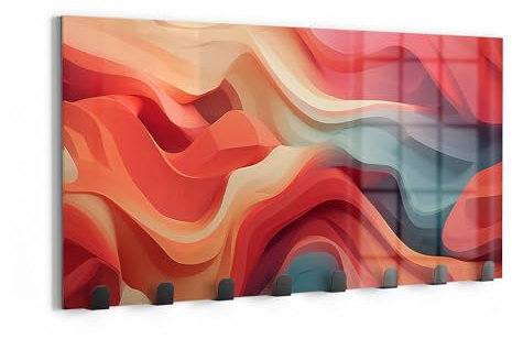 DEQOART Wandgarderobe Glas & Metall | Motiv Wogen der Harmonie | 60x30 cm | Design Haken-Leiste modern | Garderoben-Paneel für Flur, Wohnzimmer & Schlafzimmer | magnetisch & beschreibbar