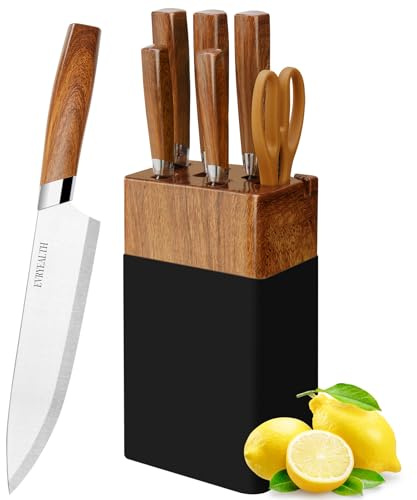 lapelux Kitchen Knife Set - 6 Piece Kitchen Knives with Knife Block, Wood Grain Handle, Sharp Stainless Steel Knife with Chef, Bread, Slicer, Utility, Paring Knife for Cutting Vegetables/Meat/Fruit.