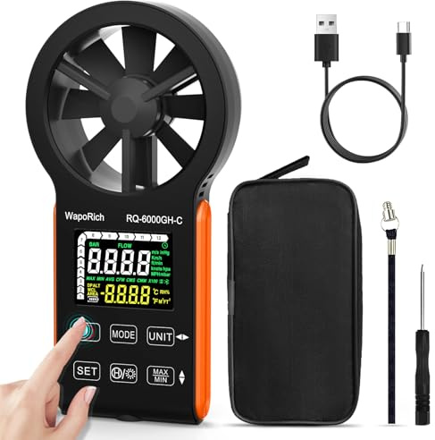CFM Anemometer Vindmätare med pekskärm, WapoRich uppladdningsbar luftflödesmätare 0–999900 CFM/CMM/CMS, temperatur, för HVAC, ventilation & utomhusbruk(RQ-6000GH-C)