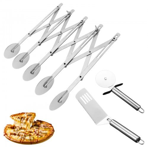 Coupe-Pâte à 5 Roues, Pelle à Pizza + Coupe-Pizza à une Roue en Acier Inoxydable, Roulette à Roues Réglables Multi-Usage pour Tarte, Gâteau, Biscuits, Nettoyage Facile au Lave Vaisselle