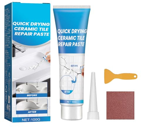 Juego de Reparación de Azulejos Blanco,Kit Reparacion Baldosas,para Reparar Arañazos,Agujeros,Grietas,Incluye Espátula y Papel Lija,100G
