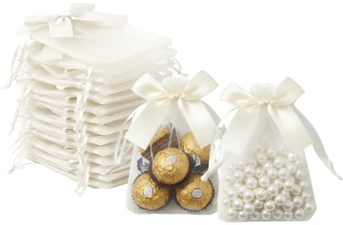 30 Stück Organzasäckchen Hochzeit Geschenkbeutel Klein mit Bogen und Kordelzug 9x12cm für Hochzeit, Geschenkbeutel, Geburtstagsgeschenke, Weihnachten (Weiß)