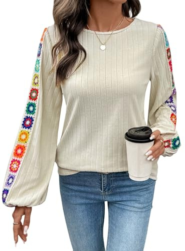 Halobelle Formal Tops Long Sleeve Casual Mexican Shirts for Women Floral Embroidered Peasant Blouse Ethnic Style Boho Tops(Apricot Medium)