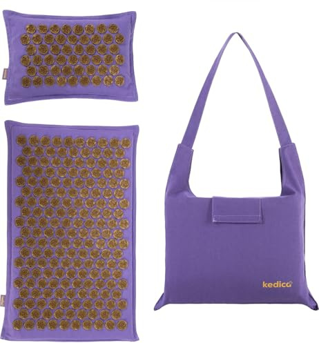 Kedica EkoThera Akupressurmatte Set, Lila, Leinen mit Kokos-Buchweizen Füllung, 68x42cm Matte und 42x29cm Kissen, SynoPressure Technologie, 181 Massagerosetten, Inkl. Tragetasche
