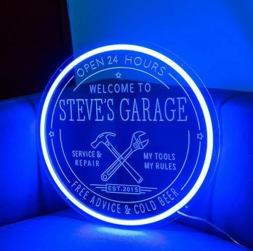 Personalisiertes, individuelles Neon-Garagenschild für die Wanddekoration – Individueller Name und Datum – LED-Schild für Hausbar, Autowerkstatt, Garage – Dekoration und Geschenkidee für Männer