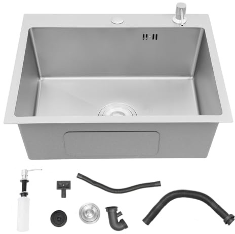 Fregadero de cocina 55x45 cm, fregadero de acero inoxidable para cocina, fregadero empotrado rectangular con 1 lavabo, fregadero con 2 orificios para grifo, incl. sifón y dispensador de jabón, lavabo