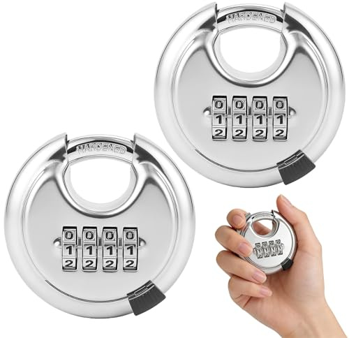Lot de 2 cadenas à combinaison en acier inoxydable avec 4 chiffres, 70 mm - Cadenas à anse ronde résistant aux intempéries - Cadenas à disque avec code numérique pour abri de jardin, unité de stockage