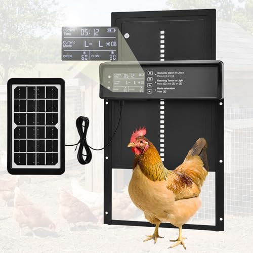 Große Automatische Hühnerklappe Solar, Automatische Elektrische Hühnerklappe mit Großes Display, Timer, Lichtsensor, Fernbedienung, Intelligenter Einklemmschutz Elektrische Hühnertür