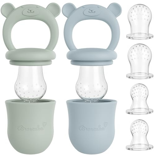Broemba Chupete de Frutas para Bebé - Pack de 2 Verde & Azul - Tetina de Silicona 100% con Mordedor - Alimentador Antiahogo para Frutas, Verduras & Comida - Sin BPA