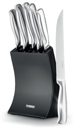 Tower Core 5 Piece Knife Set with Weighted Steel Block, High Grade Polished Stainless Steel, Fine Edge Precision Blades, Ergonomic Handles, Black, T81537BLK