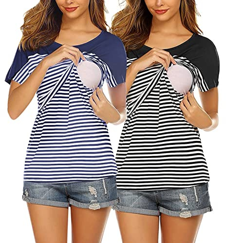 2 PC Maglia Allattamento Donna Estivo in Cotone Misto con Maniche Corte e Interni Pratico Camicia da Notte Parto Ospedale Magliette Oversize Comode Top Casual Casa per Gravidanza e Cura Postnatale,S
