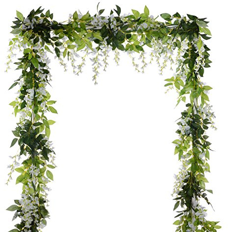 DearHouse 4Pcs 6.6Ft/Piece Artificial Flowers Silk Wisteria Garland Artificial Wisteria Vine Rattan Silk Hanging Flower for Home Garden Outdoor Ceremony Wedding Arch Floral Decor (White)