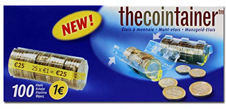 effektivo Kunststoffmünzhülsen für 1 Euro-Münzen aus PET, mit Zählrillen für schnelles Abzählen von Münzen, Karton mit 100 Stück