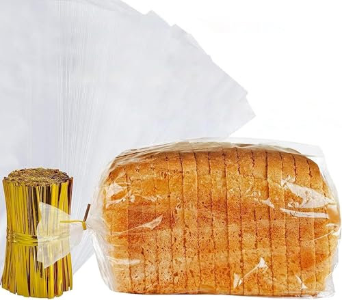 volila Brot Plastiktüten - Packung mit 150 Brottüten für Brotlaib, Brötchenbacken, Baguette-Brotbeutel, um Brot frisch zu halten - Brottüte mit goldenen Drahtbindern (45cm x 20cm x 10cm)