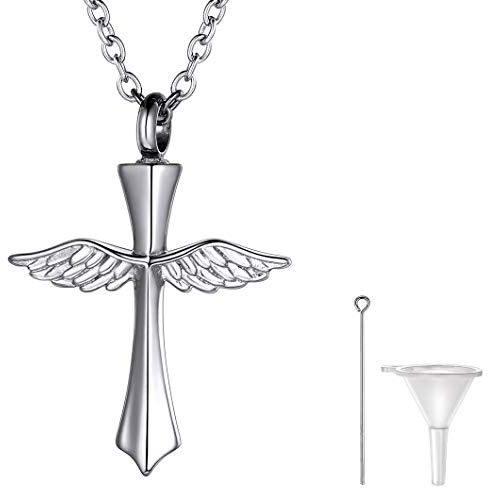 Richsteel Croix Pendentif Urne crémation-Acier Inoxydable 316L Collier Croix Aile d’Ange Memorial Bijoux Souvenir, Colliers pour Cendres avec Chaîne Ajustable (50+5cm) 20+2+ Kit de Remplissage