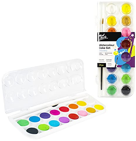 Mont Marte Wasserfarben Set – 16 brilliante Farben – Hohe Pigmentierung – Inklusive Pinsel – Kompaktes Set – Ideal für Aquarellmalerei