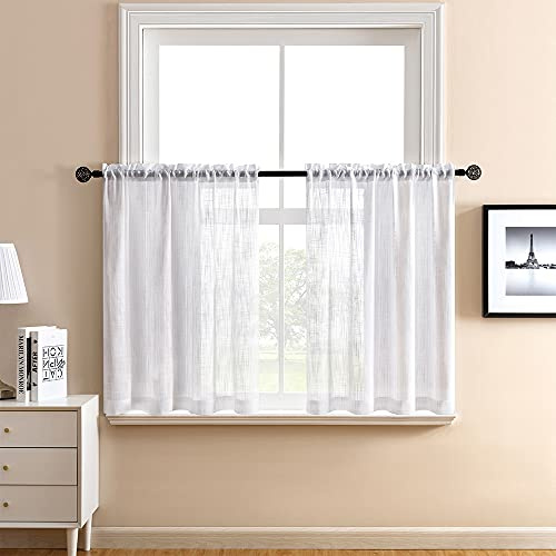 XTMYI White Kitchen Curtains 24 Inch Length Set of 2 Panels Cafe Curtain Tiers Linen Textured Semi Sheer Boho Farmhouse Short Curtains for Small Bathroom Basement Window RV Camper