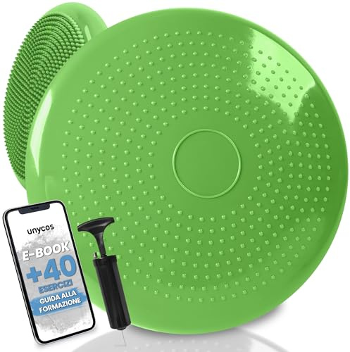 unycos - Cuscino Propriocettivo per Riabilitazione e l'Equilibrio Ø34 cm【Include Pompa | Esercizi E-Book】Disco Ortopedico Gonfiabile, Balance Board per Postura, Allenamento, Fitness (Verde; Basic)