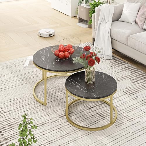 hitsuki Couchtisch Rund 2er Set, Marmor Couchtisch Gold Metallgestell Wohnzimmertisch Schwarz, Beistelltisch Metall，Satztische fürs Wohnzimmer, Schlafzimmer, Balkon (Schwarz & Gold)