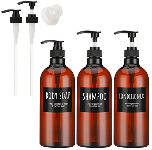 Segbeauty Lotion Dispenser, 3 Stück 1000 ml Seifenspender Set mit Etiketten, Shampoo Spülmittelspender zum Befüllen, Nachfüllbar Leere Kunststoff Pumpflaschen für Badezimmer- Braun
