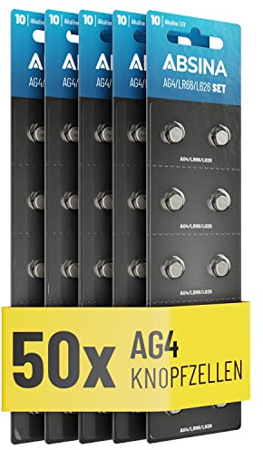 ABSINA AG4 LR66 Knopfzelle 1,5V Alkaline - auslaufsicher & langlebig | 50er Pack Knopfzellen - SG4 / V4GA / G4A / 4GA / L626 / 177 / LR626 - Knopfbatterien Batterien Batterie Uhrenbatterien
