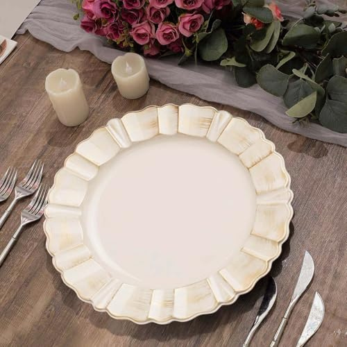 Efavormart 6 Pack | 13 Beige Acrylic Plastic Dinner Plate Chargers With Gold Brushed Wavy Scalloped Rim