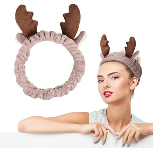 Make Up Haarband, Damen Kosmetisches Abschminken Stirnband Gesicht Waschen | Haarband Geweihe Deko Aesthetic Braun Elastische Korallen Fleece Haarbänder für Waschen Gesicht Spa Yoga Sport Beauty