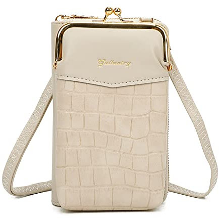 Gallantry Petit Sac à Bandoulière Femme - Portefeuille Porte-Monnaie Carte Tout-en-un - Pochette en Fermoir à baiser pour Téléphone Portable - Pratique Rétro - Beige