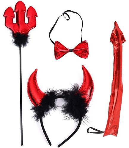 Luxylei Halloween Devil Costume Set 4pcs Devil Horn Headband Devil Pitchfork Bowtie Bendable Tail Set Cosplay Accessories
