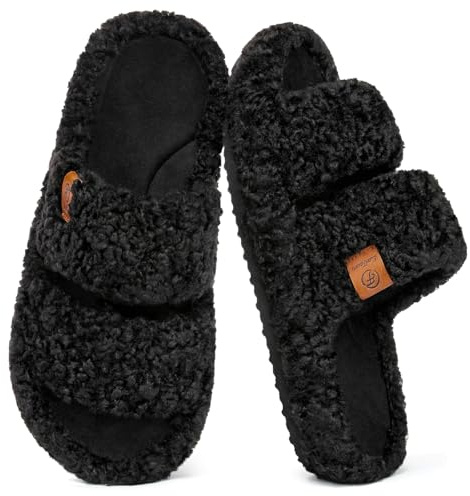 EverFoams Womens Fuzzy Open-toe Slippers Soft Comfy Memory Foam Indoor House Shoes Matt Black,9-10 US