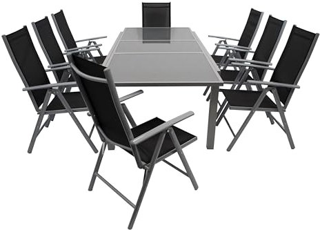 DEGAMO Gartengarnitur PISA 9-teilig, 8X Hochlehner Klappsessel und 1x Ausziehtisch Aluminium mit Glasplatte 180/240x100cm, Outdoor