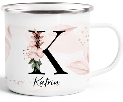 SpecialMe® Emaille-Tasse Monogramm Initiale mit Namen personalisiert Blumen Blüten Dekor Floral Buchstabe Emaille-weiss-silber standard