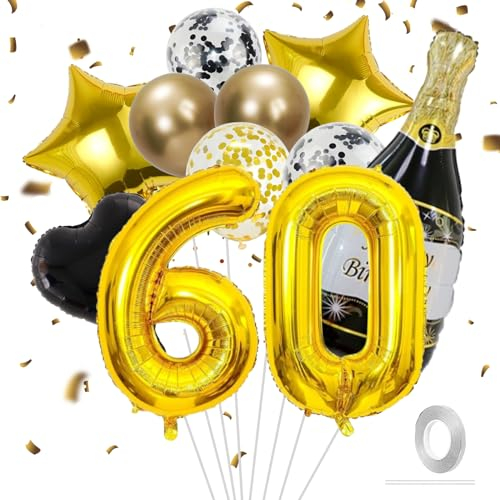 Deko 60 Geburtstag Männer Frau,60 Geburtstag Deko Schwarz Gold,Geburtstagsdeko 60. Geburtstage Frauen Deko Ballons,60er Geburtstage Mann Deko Set mit Folienballon Zahl 60 und Konfetti Luftballon