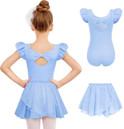 Arshiner Balette Abito de Ballo Vestito de Balletto per Ragazze Maniche Corte Abbigliamento de Balletto Gonna de Balletto in Cotone per Bambini Tutu Blu 2-3 Anni